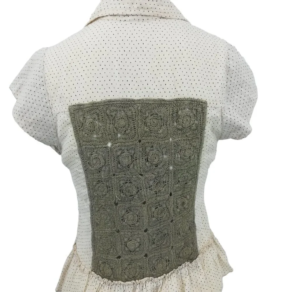 Free People Polka Dot Short Sleeve Ruffle Button Front Shirt Size XS Crochet